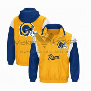 Los Angeles Rams half zip jacket in yellow, blue, and white with hood and team logos.
