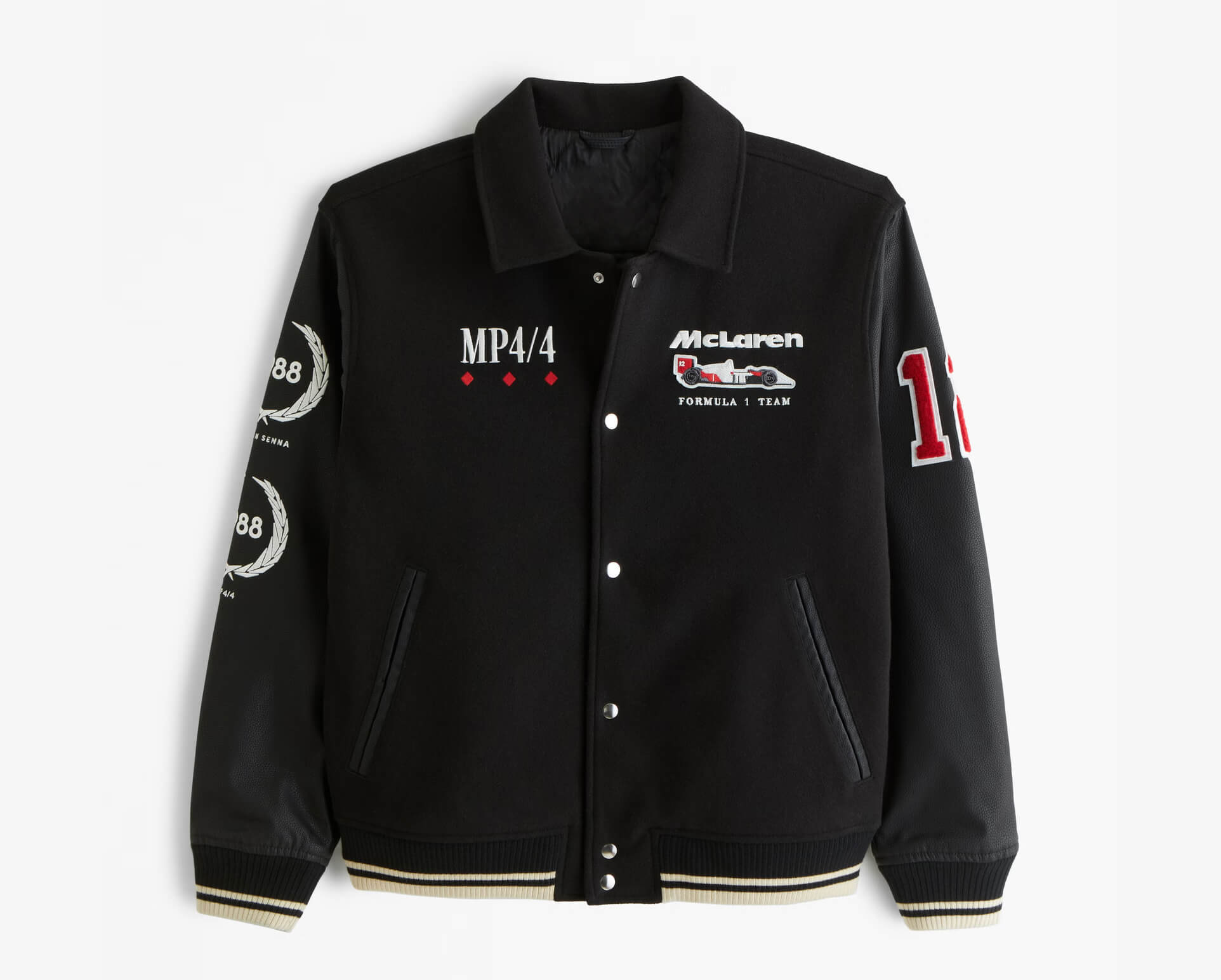 McLaren-Formula-1-Team-Black-Varsity-Jacket-1 McLaren Formula 1 Team Black Varsity Jacket front view with leather sleeves, team logo on chest, MP4/4 patch, and rib-knitted collar, cuffs, and waistband.