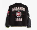 McLaren Formula 1 Team Black Varsity Jacket back view featuring large circular 1988 championship patch celebrating Constructors’ and Drivers’ World Title.