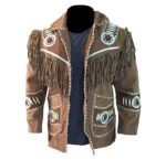 Men’s Western cowboy suede leather coat in brown with beads, bones, and fringes – front view.