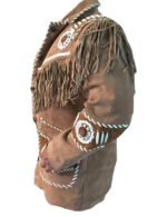 Brown suede Western cowboy coat with beads, bones, and fringes – left side view