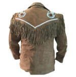 Men’s Western cowboy suede leather fringe coat in brown with beads and bones – back view