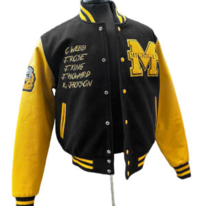 front view of Michigan Wolverines Fab 5 varsity jacket Michigan M logo on chest, Fab 5 player names embroidered, rib-knit trim, and snap-button closure.