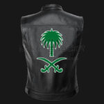 Saudi Arabia black leather vest back view with National Day palm logo design