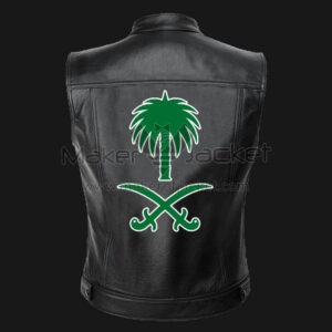 Saudi Arabia black leather vest back view with National Day palm logo design