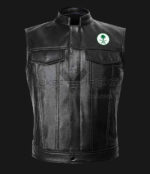 Saudi Arabia black leather vest with flag on chest, round neck collar, zipper closure, and four pockets