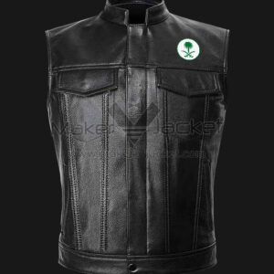 Saudi Arabia black leather vest with flag on chest, round neck collar, zipper closure, and four pockets