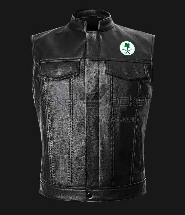 Saudi-Arabia-Black-Leather-Vest-3 Saudi Arabia black leather vest with flag on chest, round neck collar, zipper closure, and four pockets