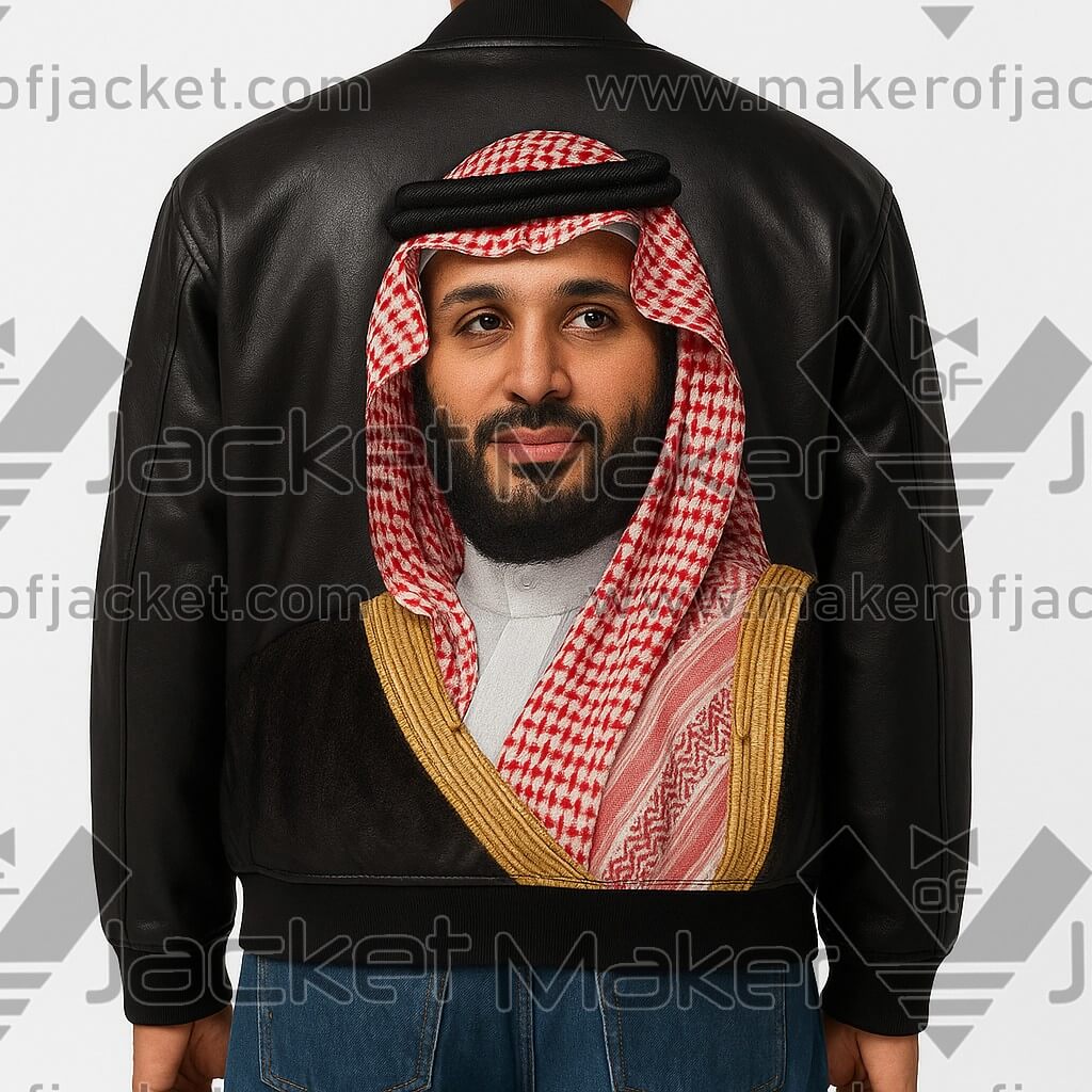 Saudi-Arabia-Mohammed-Bin-Salman-Black-Bomber-Leather-Jacket-1 Black Bomber Leather Jacket with Mohammad Bin Salman Al Saud patch, ribbed details, premium finish.