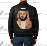 Saudi Arabian Mohammed Bin Salman Black Leather Jacket back view featuring Muhammed Bin Salman patch.