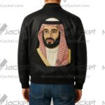 Saudi Arabian Mohammed Bin Salman Black Leather Jacket back view featuring Muhammed Bin Salman patch.