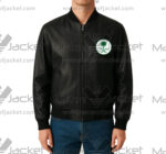 Saudi Arabian Mohammed Bin Salman Black Leather Jacket front view with Saudi Arabia palm logo on chest