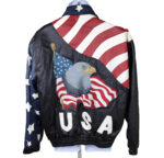 Vintage American Flag USA Bald Eagle Leather Jacket back view featuring bold American flag, soaring bald eagle, and USA logo