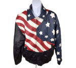 Vintage American Flag USA Bald Eagle Leather Jacket front view with multicolor design, shirt-style collar, snap closure, and waist pockets