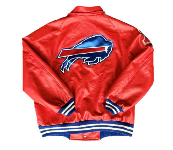 Vintage Buffalo Bills red leather varsity jacket back featuring bold Buffalo Bills logo and classic varsity design.