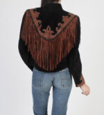 Vintage Diamond Leathers Western fringed suede jacket in black and brown, back view with long fringe detailing and brown leather western motifs with silver studs.