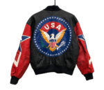 Vintage USA America Eagle Logo Leather Jacket back view featuring bold America eagle circle logo in black and red leather