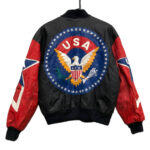 Vintage USA America Eagle Logo Leather Jacket back view featuring bold America eagle circle logo in black and red leather