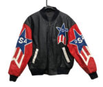 Vintage USA America Eagle Logo Leather Jacket front view in black and red leather with USA star spell logos on chest and sleeves