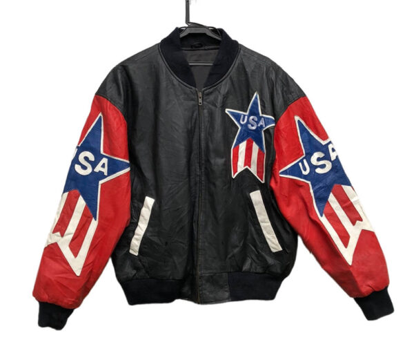 Vintage USA America Eagle Logo Leather Jacket front view in black and red leather with USA star spell logos on chest and sleeves