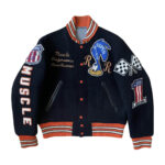 Whitesville Road Runner Drag Race Blue Varsity Jacket front view with RR Super Bird logo, Muscle Performance Road Runner patch, snap-button closure, and rib-knitted collar, cuffs, and waistband