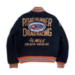 Whitesville Road Runner Drag Race Blue Varsity Jacket back view featuring bold Road Runner Drag-Racing 1/4 Mile 170 MPH Gasoline Speed and Power World Finals patch.