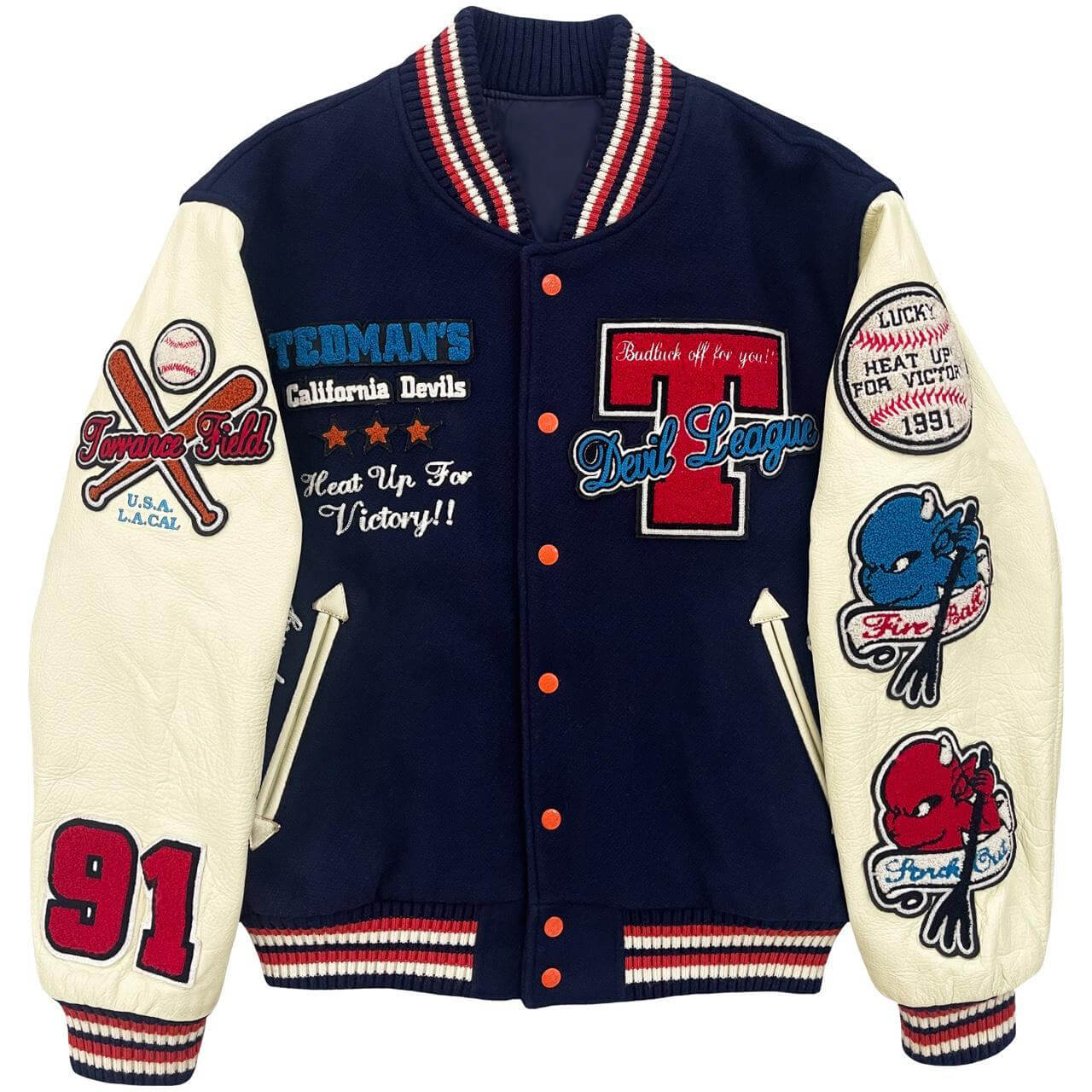 California-Devils-League-Tedman-Varsity-Jacket-1 "California Devils League Tedman Varsity Jacket front view in navy blue and white with T Devil League logo and embroidered Tedman’s California Devils Heat Up For Victory patch."
