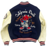 "California Devils League Tedman Varsity Jacket back view featuring large California Devils Tedman’s Victory Lucky patch with devil graphic and embroidered details."