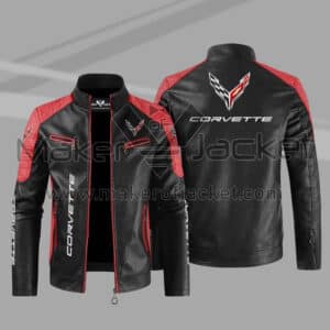Corvette C8 Block Black Red Leather Jacket with Corvette logo on chest, arms, and back premium men’s biker jacket featuring zip-up collar, YKK zipper closure, and multiple pockets