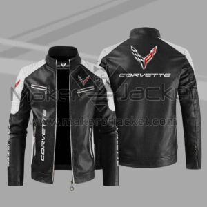 Corvette C8 Block Black White Leather Jacket with Corvette logo on chest, arms, and back premium men’s biker jacket featuring zip-up collar, YKK zipper closure, and multiple pockets