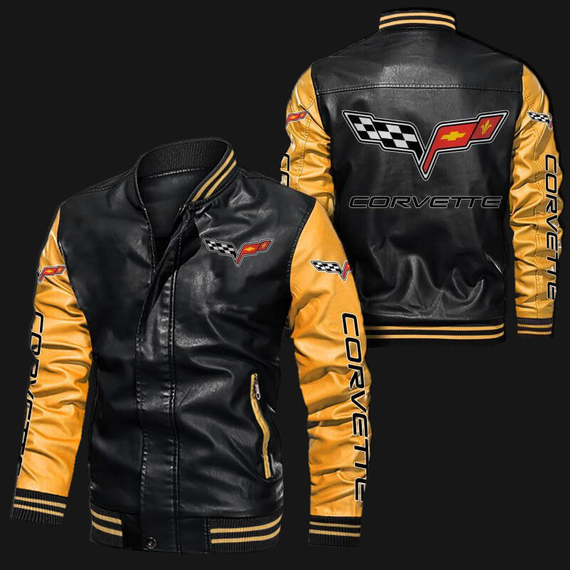 Corvette-C6-Black-Yellow-Bomber-Leather-Jacket-1 Front and back view of Corvette C6 black yellow bomber jacket featuring embroidered Corvette logos