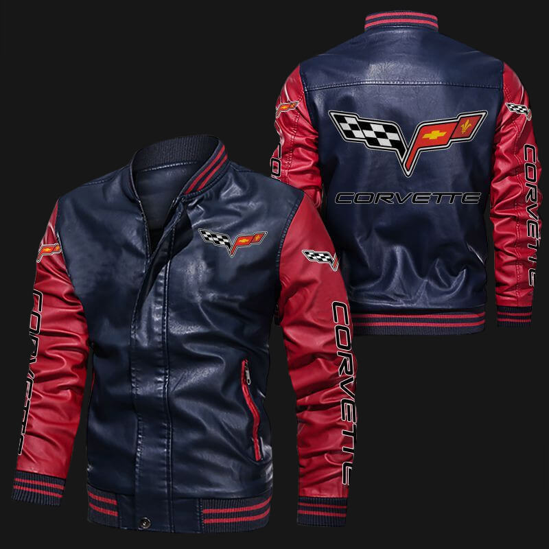 Corvette-C6-Blue-Red-Bomber-Leather-Jacket-1 Front and back view of Corvette C6 Blue Red bomber jacket featuring embroidered Corvette logos