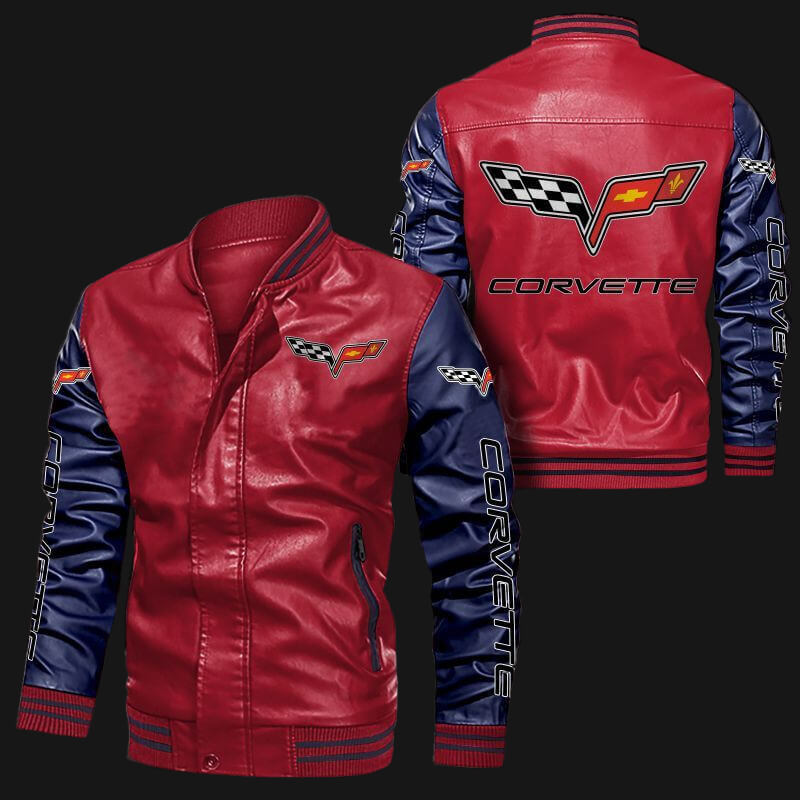 Corvette-C6-Red-Blue-Bomber-Leather-Jacket-1 Front and back view of Corvette C6 Red Blue bomber jacket featuring embroidered Corvette logos