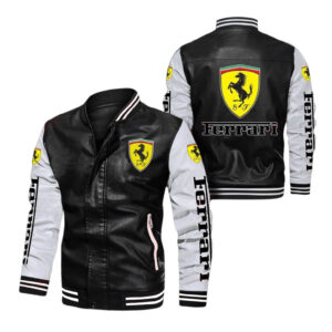 Ferrari Black White Bomber Leather Jacket with logos and black-and-white design.