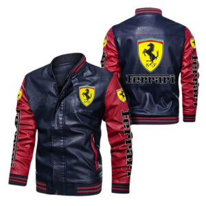 Ferrari Blue Red Bomber Leather Jacket with logos and blue and red design.