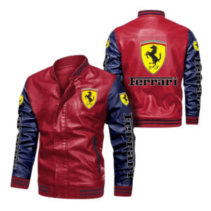 Ferrari Red Blue Bomber Leather Jacket with logos and red and blue design.