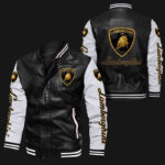 Lamborghini Black White Bomber Leather Jacket with gold Lamborghini logos on chest, sleeves, and back, featuring rib-knit collar, cuffs, and hem.