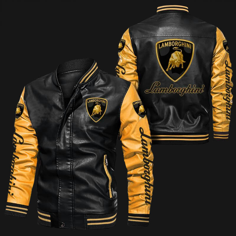 Lamborghini-Black-Yellow-Bomber-Leather-Jacket-1 Lamborghini Black Yellow Bomber Leather Jacket with gold Lamborghini logos on chest, sleeves, and back, featuring rib-knit collar, cuffs, and hem.