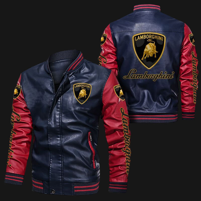 Lamborghini-Blue-Red-Bomber-Leather-Jacket-1 Lamborghini Blue Red Bomber Leather Jacket with gold Lamborghini logos on chest, sleeves, and back, featuring rib-knit collar, cuffs, and hem.