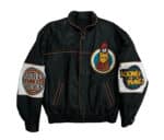 Looney Tunes Leghorn Foghorn black leather jacket front with chest cartoon patch and logo sleeves.