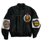 Looney Tunes Leghorn Foghorn black leather jacket front with chest cartoon patch and logo sleeves.