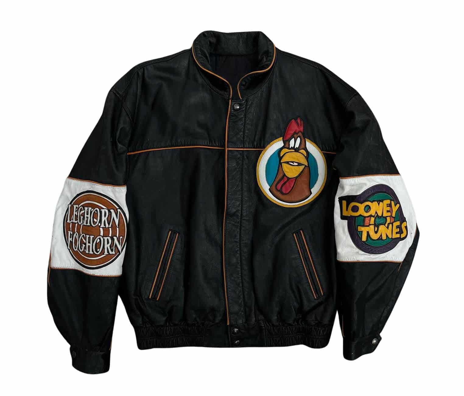 Looney-Tunes-Leghorn-Foghern-Black-Leather-Jacket-1 Looney Tunes Leghorn Foghorn black leather jacket front with chest cartoon patch and logo sleeves.