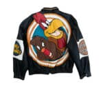 Looney Tunes Leghorn Foghorn black leather jacket back with bold cartoon patch design.