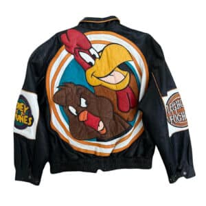 Looney Tunes Leghorn Foghorn black leather jacket back with bold cartoon patch design.