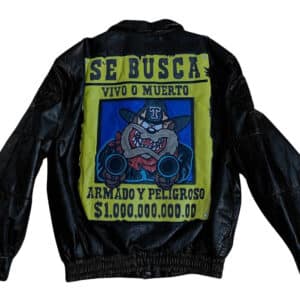 Looney Tunes Taz Wanted Dead or Alive black leather jacket back with Taz cartoon and Spanish wanted spell graphic