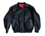 Looney Tunes Taz Wanted Dead or Alive black leather jacket front with TAZ logo on chest and Looney Tunes spell logos on arms