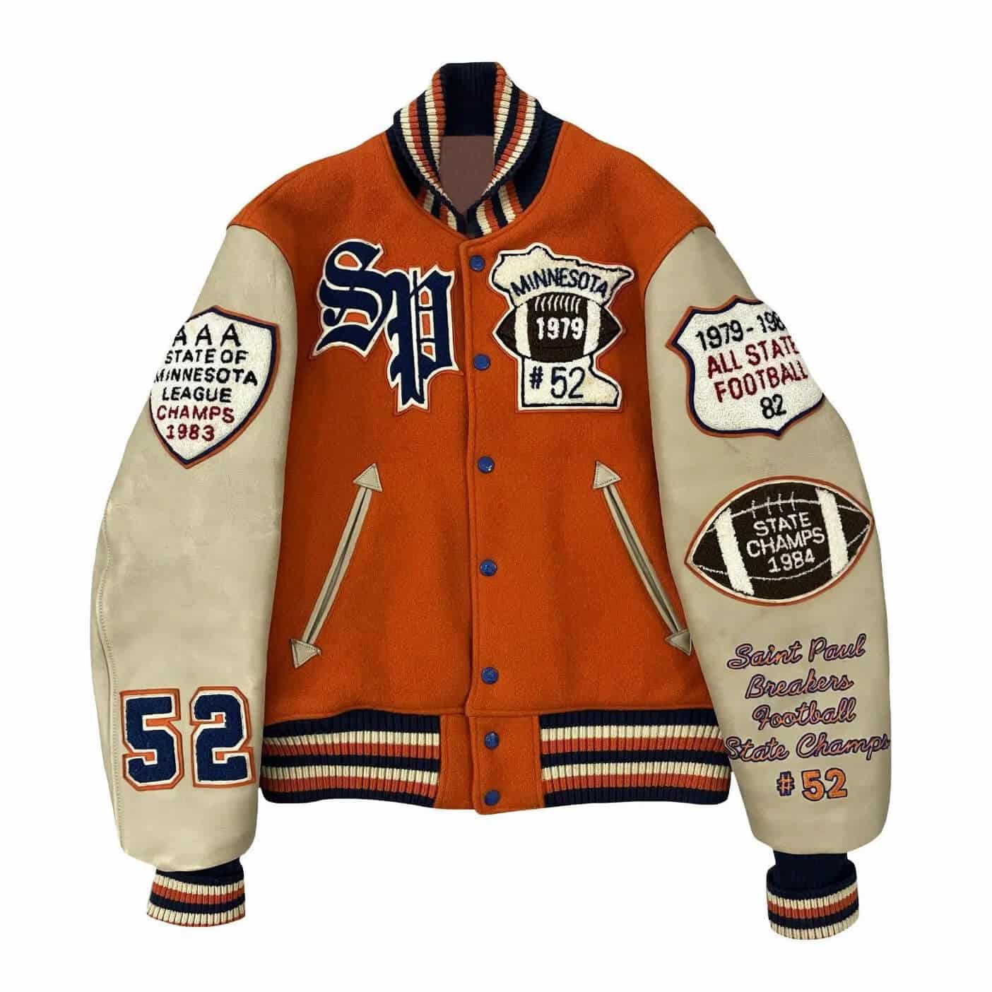 Minnesota-Saint-Paul-Breakers-Football-Varsity-Jacket-1 Front view of Minnesota Saint Paul Breakers Football Varsity Jacket in orange and cream with wool body, leather sleeves, snap button closure, and championship patches on the chest.