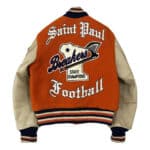 Back view of Minnesota Saint Paul Breakers Football Varsity Jacket featuring large Saint Paul Breakers State Champions Football patch and detailed team embroidery.