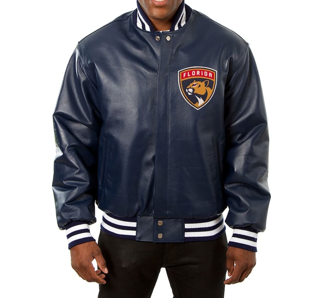 Navy Florida Panthers Leather Jacket (Front) Navy Florida Panthers Leather Jacket (Front)