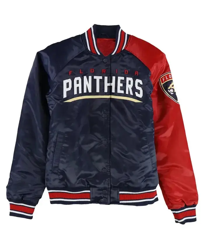 Navy Red Florida Panthers Hometown Satin Jacket Front Navy Red Florida Panthers Hometown Satin Jacket Front